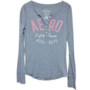 Aeropostale Vintage Y2K preppy logo embroidered long-sleeved Henley tee XL gray